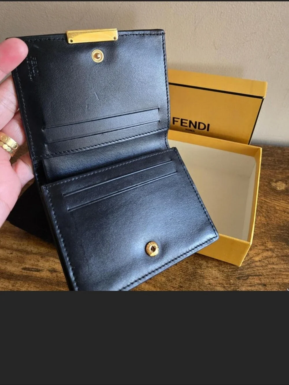 Fendi Black Leather Compact Wallet with Gold FF Buckle